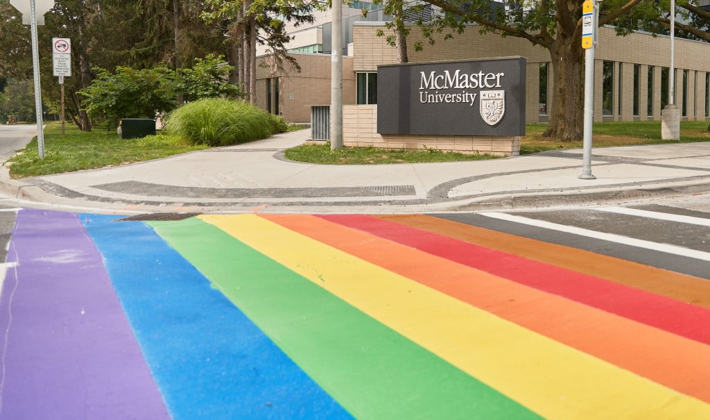 Rainbow crosswalk at McMaster entrance
